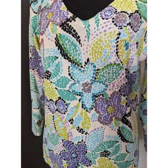 CDP & Co. Floral Lightweight Tight Knit 3/4 Sleeve Sweater with Sequins - M - Picture 3 of 9